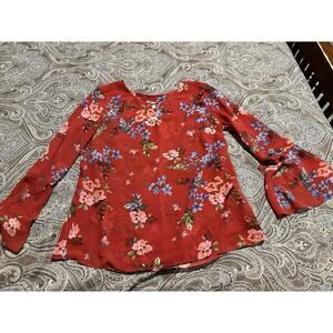 CAbi Devoted Blouse Tunic Red Women's Top Sz S Floral Layered Key Hole Nice